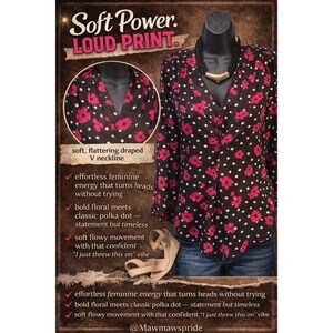 Elle Womens Floral Polka Dot Draped V-Neck Long Sleeve Blouse boho chic